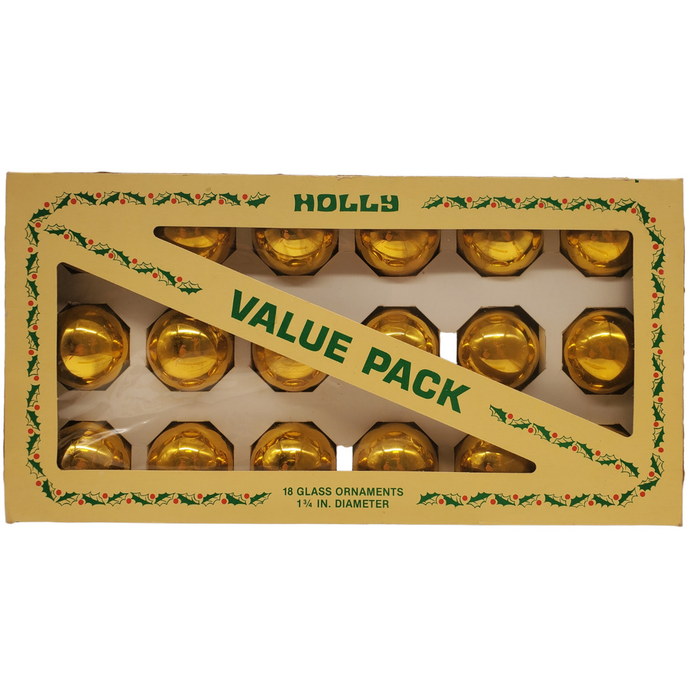 Vintage Holly Glass Ball Christmas Tree Ornaments Box of 18 Gold Original Box